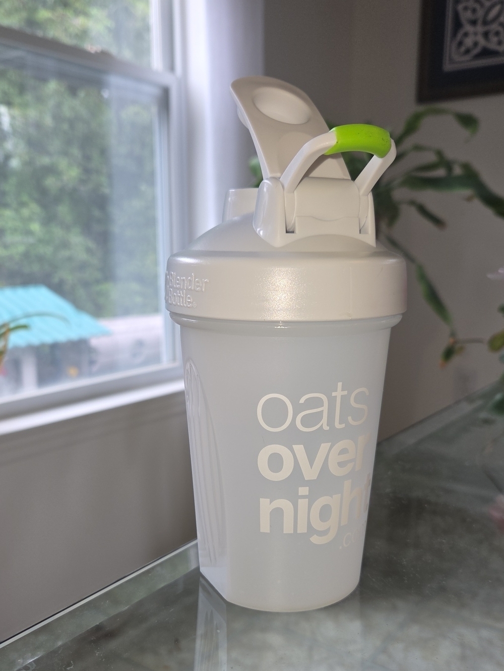 Matte White Shaker Bottle with Lime Green Carry Accent Blender